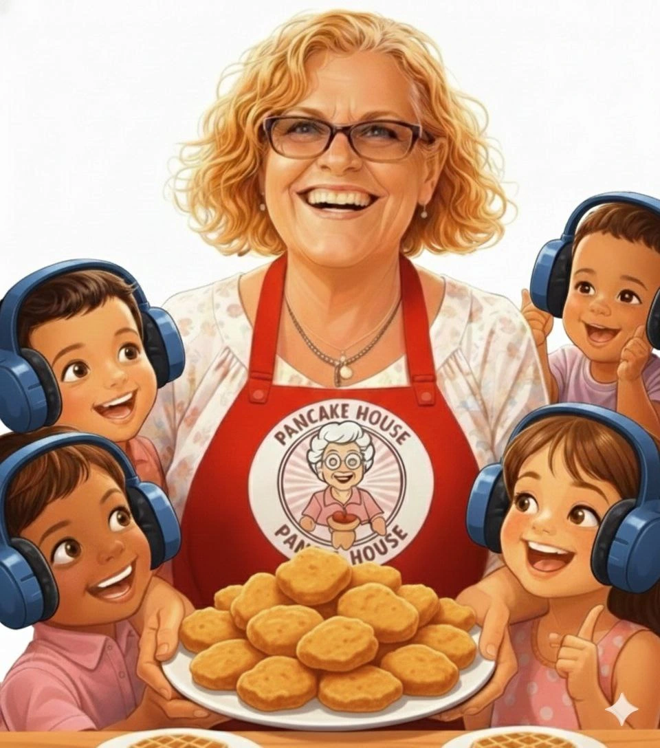 Fiona Barry (Fibi), owner of The Pancake House, smiling with children wearing noise-canceling sensory headphones and holding a plate of chicken nuggets.